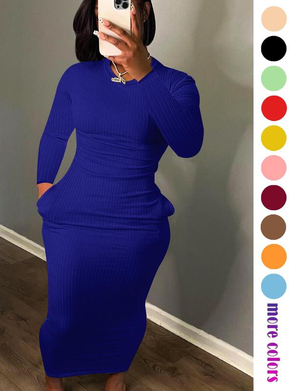 Fall Women's Solid Pocket Long Sleeve Bodycon Dress, Elegant Round Neck Midi Dress for Party Holiday Wedding Guest, Ladies Fall & Winter Clothes, Birthday Dresses 2024, Fall Outfits, Fallfreshness