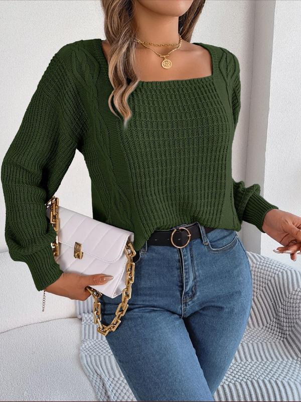 Women's Plain Textured Square Neck Drop Shoulder Sweater,  Fall Outfits 2024, Fashion Casual Long Sleeve Jumper for Daily Outdoor Wear, Women's Knit Top for Spring & Fall