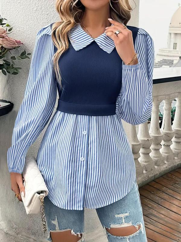 Plus 2 in 1 Colorblock Button Front Blouse, Casual Bishop Sleeve Collared Top for Spring & Fall, Gift Set, Women's Clothes for Daily Wear, Minimalistic Outfit