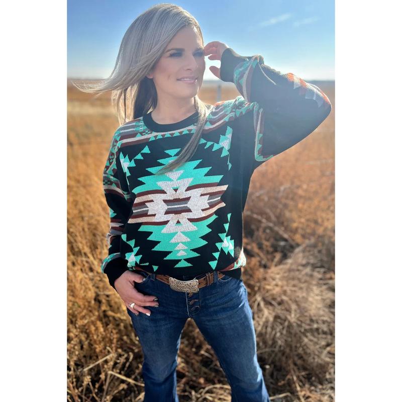 Turquoise Trails Western Print Sweater