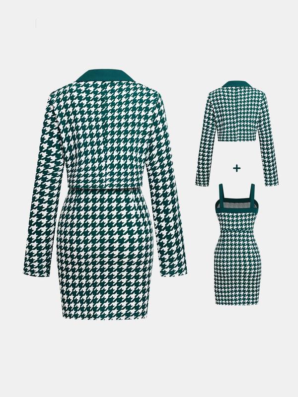 YOZY Christmas Deals, Houndstooth Print Lapel Neck Crop Blazer & Sleeveless Bodycon Dress Set  Fashion Long Sleeve Outerwear & Fake Pocket Dress, Christmas 2024 Trend, Fall & Winter Outfits