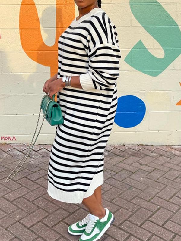  Striped Print Drop Shoulder Dress, Casual Long Sleeve Round Neck Dress for Spring & Fall, Women's Plus Size Clothing for Daily Wear