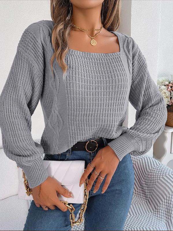 Women's Plain Textured Square Neck Drop Shoulder Sweater,  Fall Outfits 2024, Fashion Casual Long Sleeve Jumper for Daily Outdoor Wear, Women's Knit Top for Spring & Fall