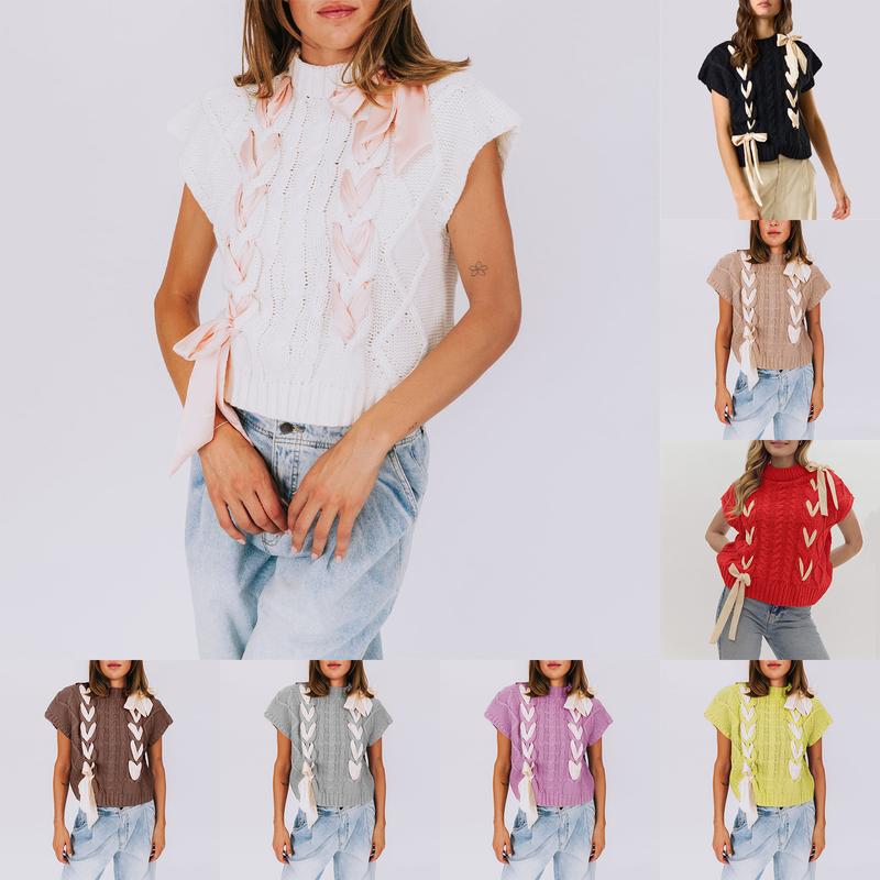 Women Sleeveless Lace Up Ribbon Sweater Mock Neck Cap Sleeve Twisted Cable Knit Vest Cute Bow Sweater Crochet Pullover Tops Y2k Aesthetic Top Fashion Trendy Streetwear