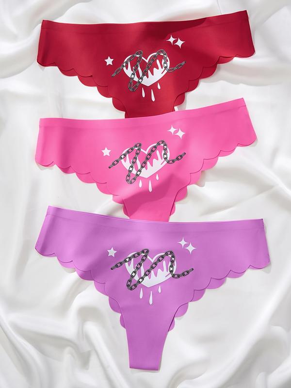 Women's 5pcs Heart & Chain Print Scallop Trim Panty, Casual Comfy Breathable Seamless Knicker for Daily Wear, Ladies Underwear for All Seasons