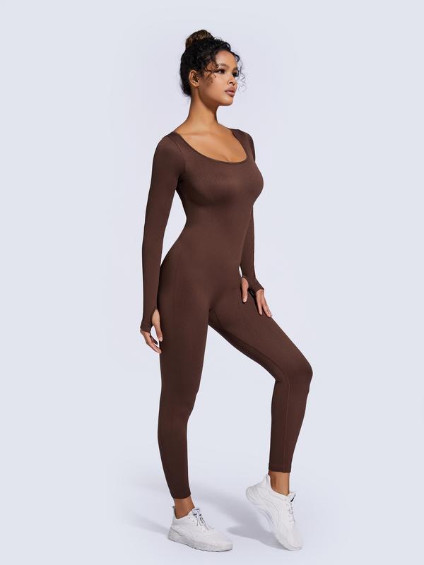 Women's Ribbed Jumpsuit, Casual Tummy Control High Stretch Shapewear Jumpsuit, Long Sleeve Bodysuit for Workout and Sports, Solid Color Seamless Playsuit - Check, Womenswear, Ladies Shapewear Clothes for Daily Wear#SSL1