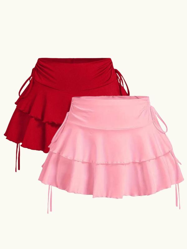 Women's Solid Ruched Drawstring Tiered Layer Skirt, Elegant Fashion Casual Short Skirt for Daily Outdoor Wear, Women Bottoms for Summer