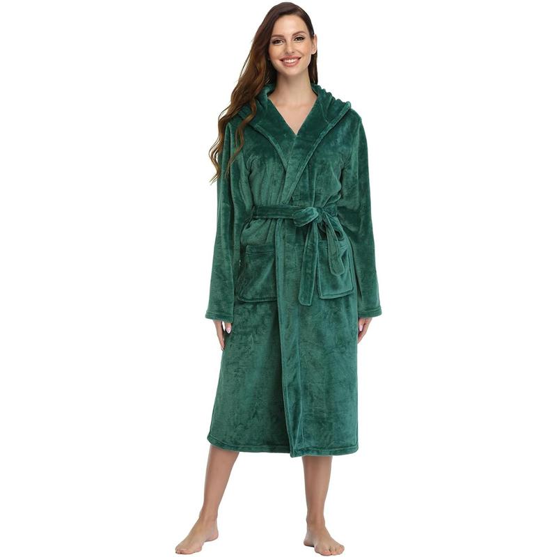 RONGTAI Womens Robes Plush Fleece Hooded Bathrobe Thick Nightgown with Pockets Fluffy Sleepwear