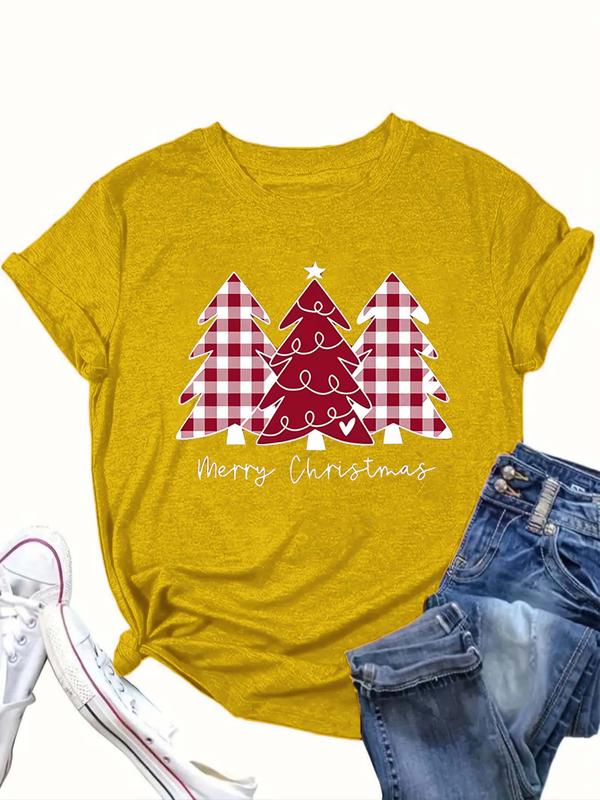  Women's Christmas Tree Print Round Neck Tee, Casual Short Sleeve Crew Neck T-Shirt for Daily Wear, Ladies Clothes for All Seasons