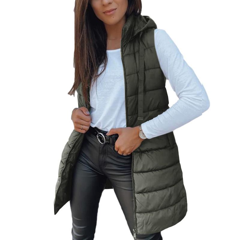 Tankaneo Women Long Vest Solid Color Sleeveless Hood Winter Puffer Vest Outwear