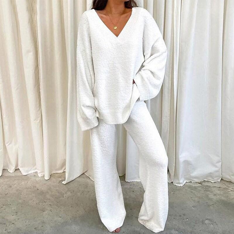 Women's Fuzzy Pajamas Sets Warm Winter Plush Soft V Neck Long Sleeve Tops and Pants 2 Piece Outfits Sleepwear Pjs