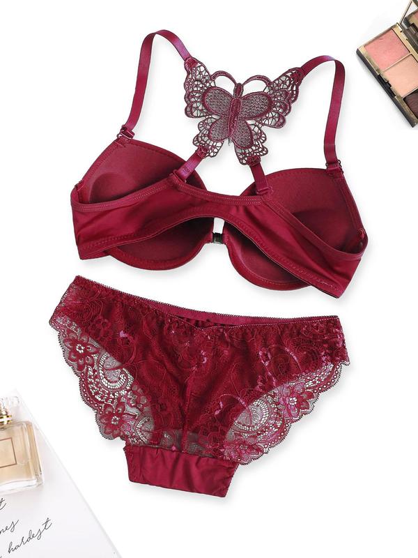 Women's Plain Butterfly Design Backless Push Up Bra & Floral Lace Panty Underwear Set, Casual Underwire Bra & Bow Decor Knicker, Ladies Lingerie Set