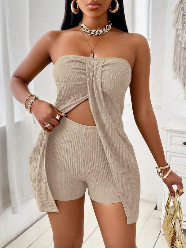 Women's Plain Ruched Split Hem Plicated Tube Top & Elastic Waist Shorts Two-Piece Set, Casual Fashion Cozy Two Piece Outfits for Daily Outdoor Wear, Ladies Summer Clothes