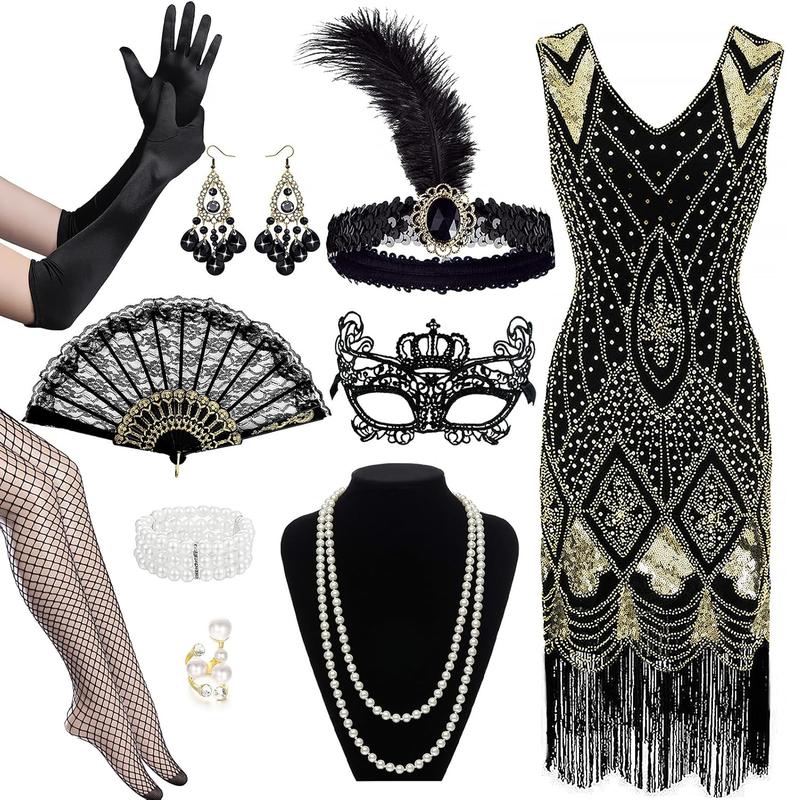 1920s Accessories for Women Great Gatsby Nye Sparkly Dress Set with Headband Masquerade Mask Fishnet Tights