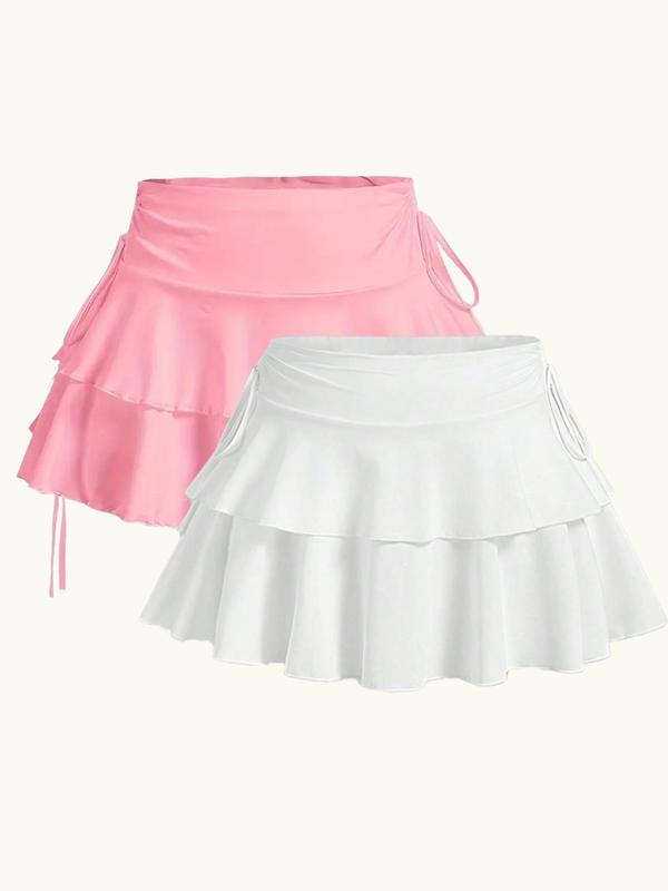 Women's Solid Ruched Drawstring Tiered Layer Skirt, Elegant Fashion Casual Short Skirt for Daily Outdoor Wear, Women Bottoms for Summer