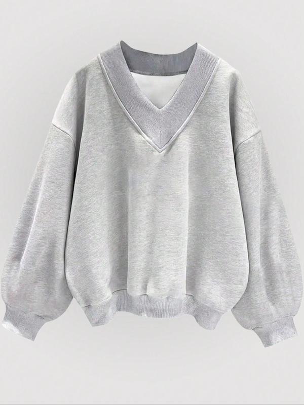 Women's Plain Drop Shoulder V Neck Sweatshirt, Casual Long Sleeve Pullover for Fall, Women's Clothes for Daily Wear