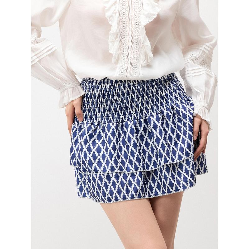 Women's Smocked Mini Skirts Casual High Waist A-Line Beach Skirts Layered Ruffle Skirts