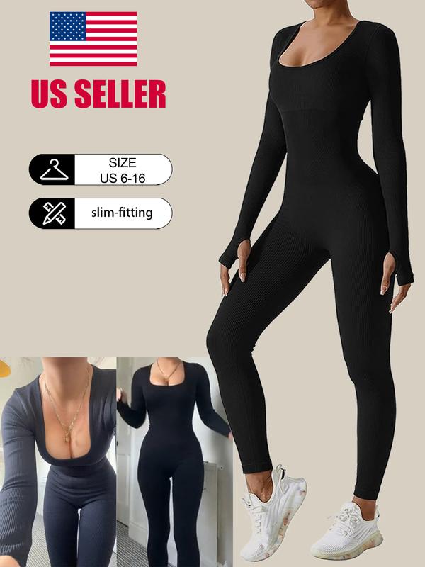 Women's Ribbed Jumpsuit, Casual Tummy Control High Stretch Shapewear Jumpsuit, Long Sleeve Bodysuit for Workout and Sports, Solid Color Seamless Playsuit - Check, Womenswear, Ladies Shapewear Clothes for Daily Wear#SSL1