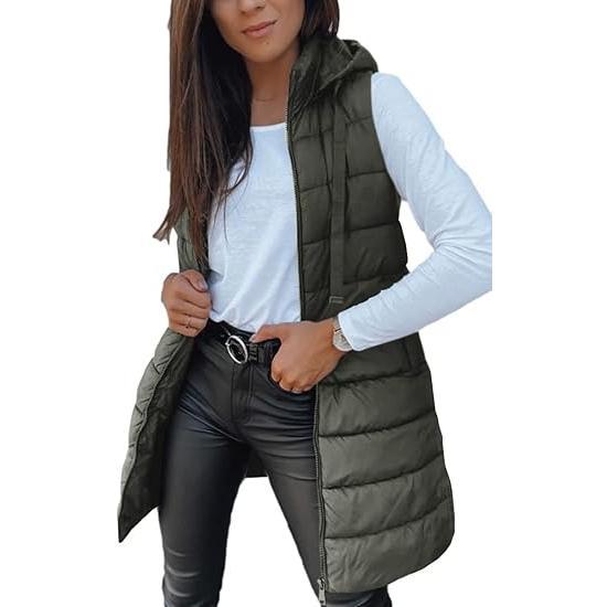 BZB Women Long Vest Solid Color Sleeveless Hood Winter Puffer Vest Outwear