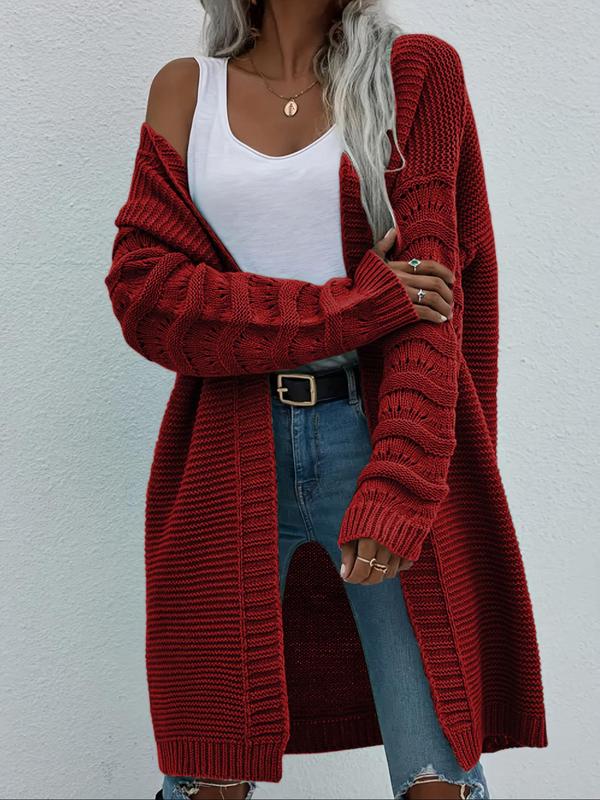  Solid Drop Shoulder Long Sleeve Cardigan, Casual Open Front Knitwear for Fall & Winter, Women's Clothing for Daily Wear