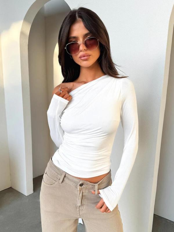 Women's Plain Ruched Asymmetrical Neck Tee, Elegant Fashion Casual One Shoulder Long Sleeve T-shirt for Daily Outdoor Wear, Women Clothing for Fall & Winter