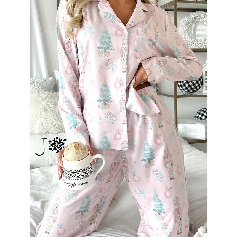 Women Christmas Pajamas Lounge Set Santa Christmas Tree Print Long Sleeve Tops and Pants 2 Piece Loungewear Outfits