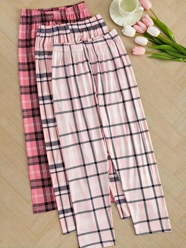  Plaid Print Elastic Waist Sleep Pants, Casual Comfy Trousers for Daily Wear, Women's Sleepwear for All Seasons