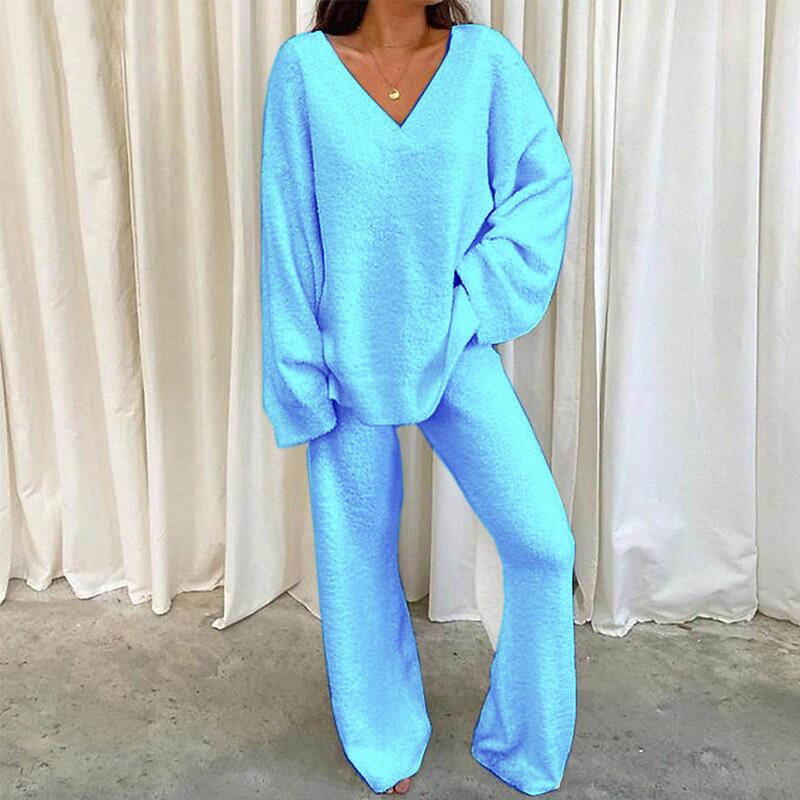 Women's Fuzzy Pajamas Sets Warm Winter Plush Soft V Neck Long Sleeve Tops and Pants 2 Piece Outfits Sleepwear Pjs