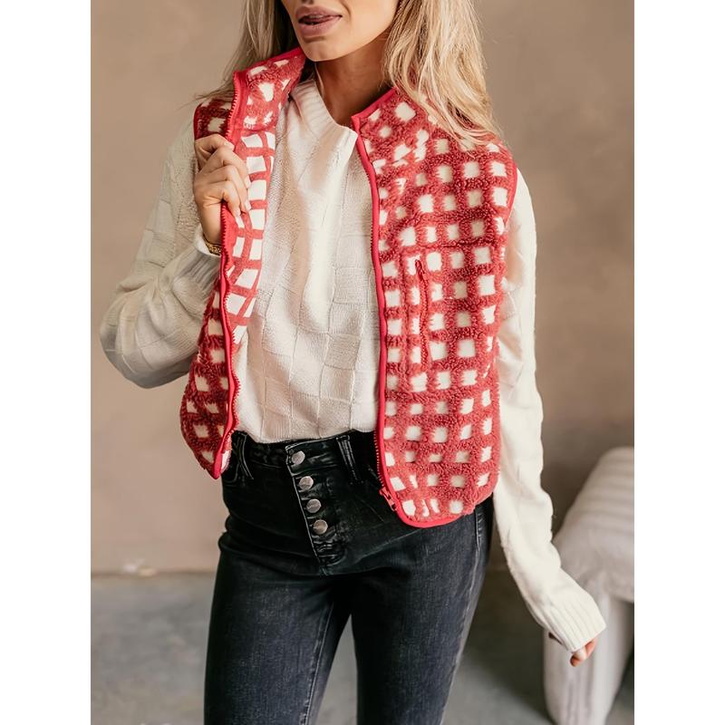 Fashionable Women's Plaid Fleece Vest-Sleeveless, Stand Collar, Zipper Autumn and Winter