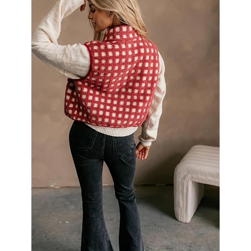 Fashionable Women's Plaid Fleece Vest-Sleeveless, Stand Collar, Zipper Autumn and Winter