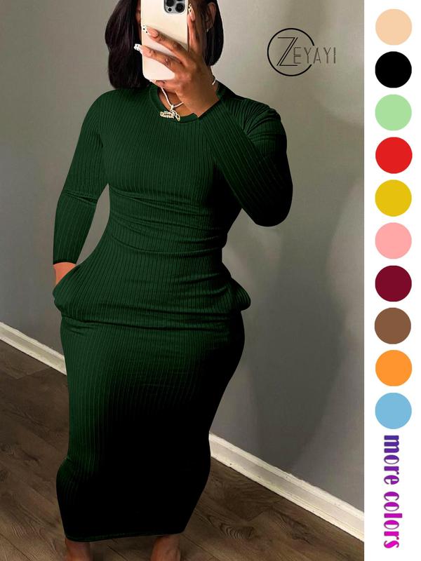 Fall Women's Solid Pocket Long Sleeve Bodycon Dress, Elegant Round Neck Midi Dress for Party Holiday Wedding Guest, Ladies Fall & Winter Clothes, Birthday Dresses 2024, Fall Outfits, Fallfreshness