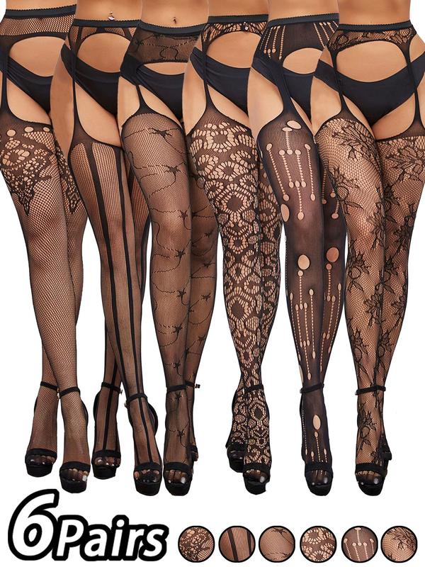 Women's Solid Graphic   Floral Hollow Out Sheer Garter Fishnet Stockings, Sexy Comfy Breathable Thigh High Stockings for Party, Ladies Stockings for All Seasons