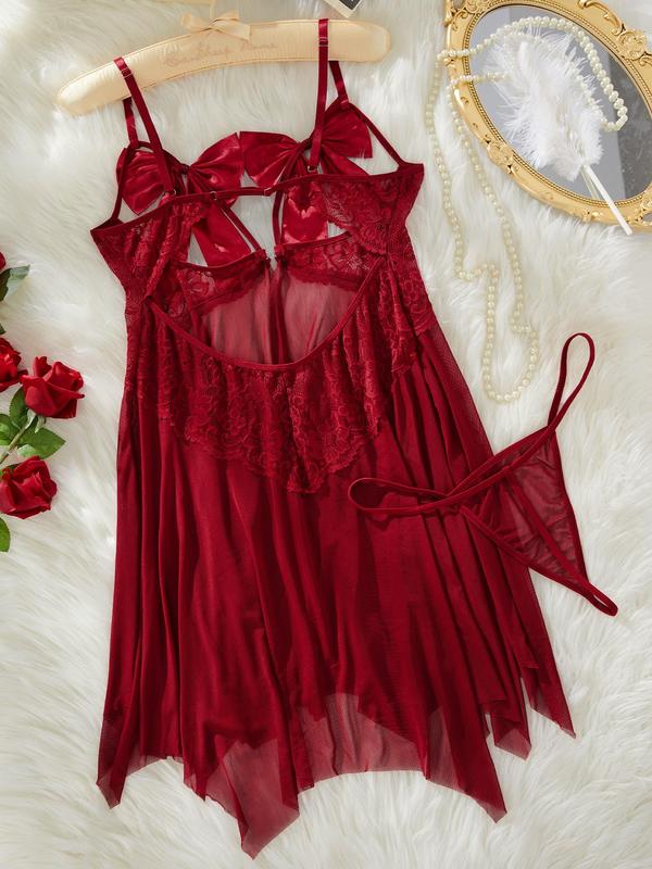  Plain Bow Decor Cut Out Backless Sheer Cami Nightdress & Thong Sexy Sleepwear Set, Adjustable Spaghetti Strap Nightgown & Panty, Women's Loungewear Set for All Seasons