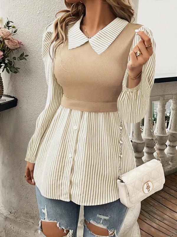 Plus 2 in 1 Colorblock Button Front Blouse, Casual Bishop Sleeve Collared Top for Spring & Fall, Gift Set, Women's Clothes for Daily Wear, Minimalistic Outfit