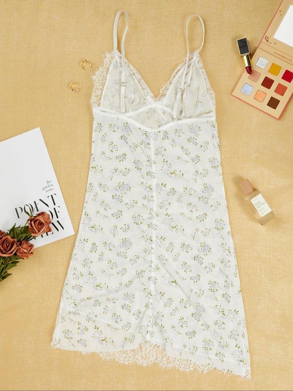 Women's Ditsy Floral Print Contrast Lace Cami Nightdress & Thong Cute Nightwear, Ruched Camisole Nighty Dress & Thong Set, Night Gown for Women, Lounge Dresses for Women, Dress for Women, Summer Wear 2024, Summer Lounge & Sleepwear Set