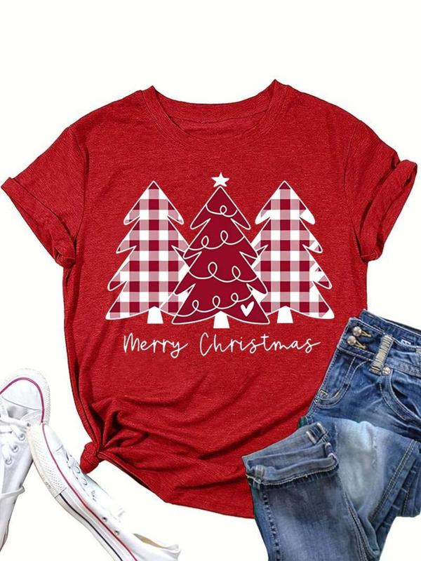  Women's Christmas Tree Print Round Neck Tee, Casual Short Sleeve Crew Neck T-Shirt for Daily Wear, Ladies Clothes for All Seasons