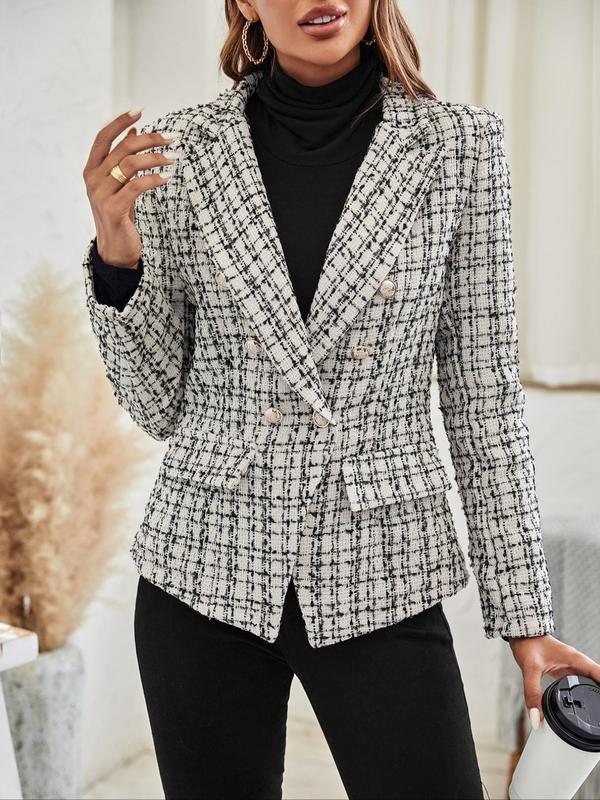 Womenswear Plaid Print Double Button Flap Detail Lapel Blazer, Blazers Jackets for Women, Casual Long Sleeve Outerwear for Fall & Winter, Ladies Clothes for Work Office Business