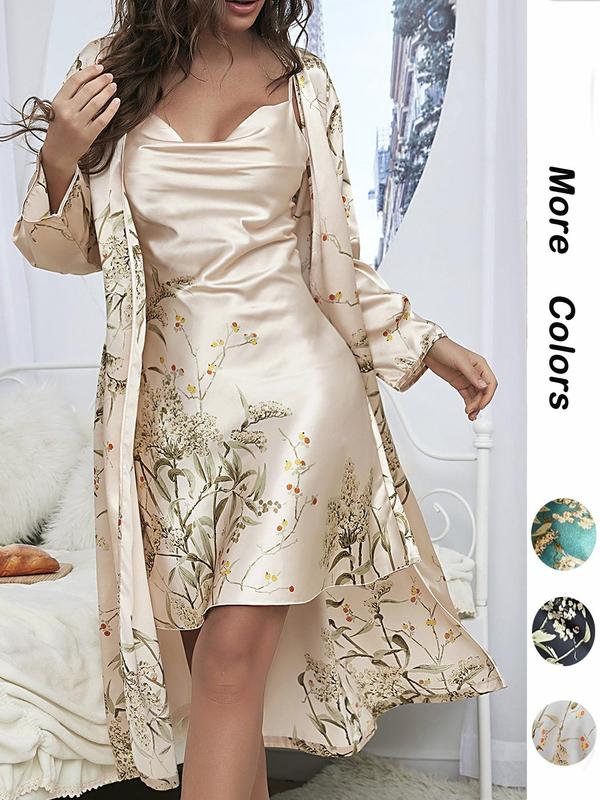 @Shopwithjulie Collection 2 Piece Set Women's Floral Print Pyjama Set, Girl Nightwear, Cowl Neck Cami Nightdress & Belted Pj Robe, Fall Wear, Women Sleepwear Loungewear Set, Lounge Set , Pajama Sets Women, Plz Order A Size Up