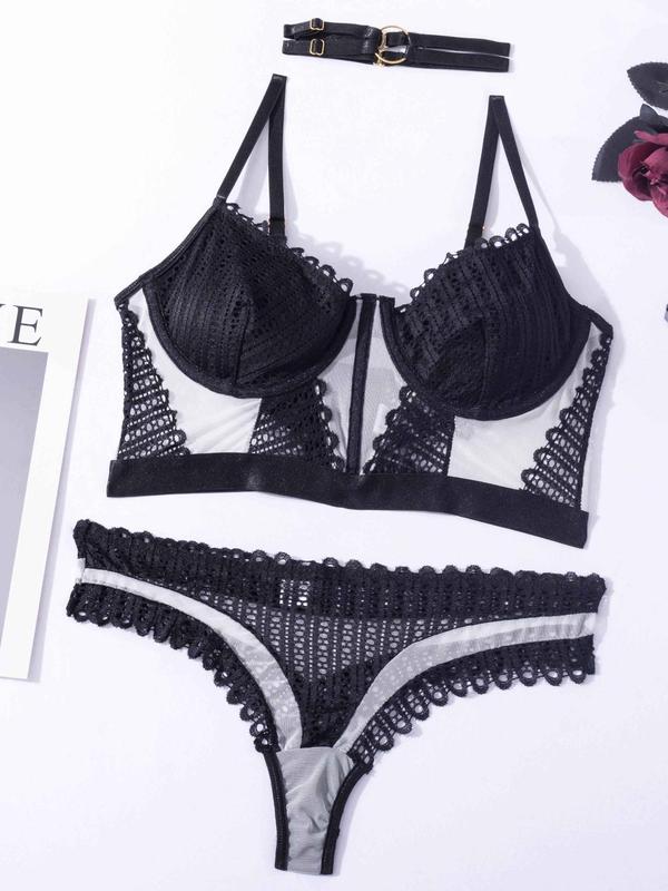 Women's Sexy Lingerie Set, Adjustable Strap  Lace Bra & O-ring Choker & Contrast Mesh Thong Set, Fashion Underwear Set for All Seasons