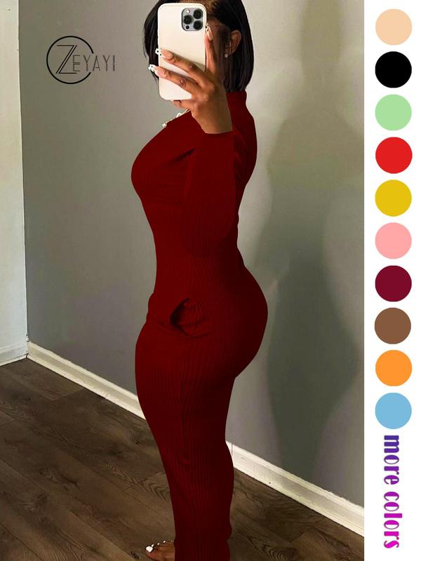 Fall Women's Solid Pocket Long Sleeve Bodycon Dress, Elegant Round Neck Midi Dress for Party Holiday Wedding Guest, Ladies Fall & Winter Clothes, Birthday Dresses 2024, Fall Outfits, Fallfreshness