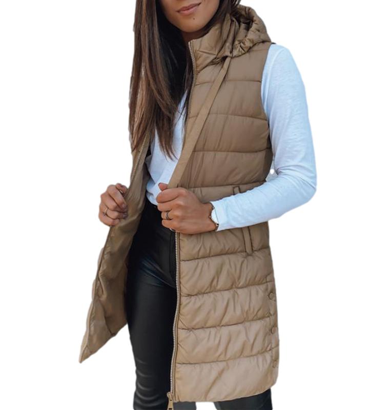 BZB Women Long Vest Solid Color Sleeveless Hood Winter Puffer Vest Outwear