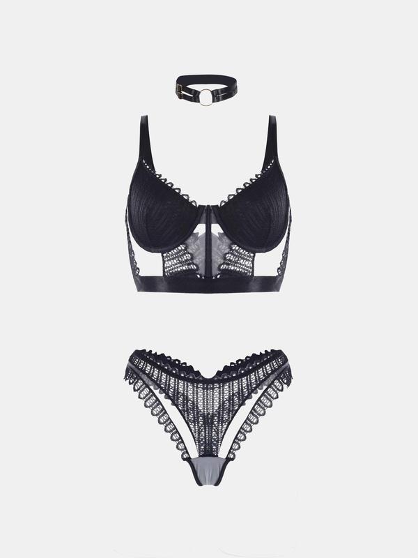 Women's Sexy Lingerie Set, Adjustable Strap  Lace Bra & O-ring Choker & Contrast Mesh Thong Set, Fashion Underwear Set for All Seasons