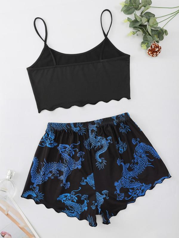 Women's Dragon Print Scallop Trim Loungewear Set, Casual Crop Cami Top & Elastic Waist Shorts Set, Two-piece Pajamas Set for Daily Wear Back To School, Womens Nightwear, Summer Wear 2024, 90s Clothes