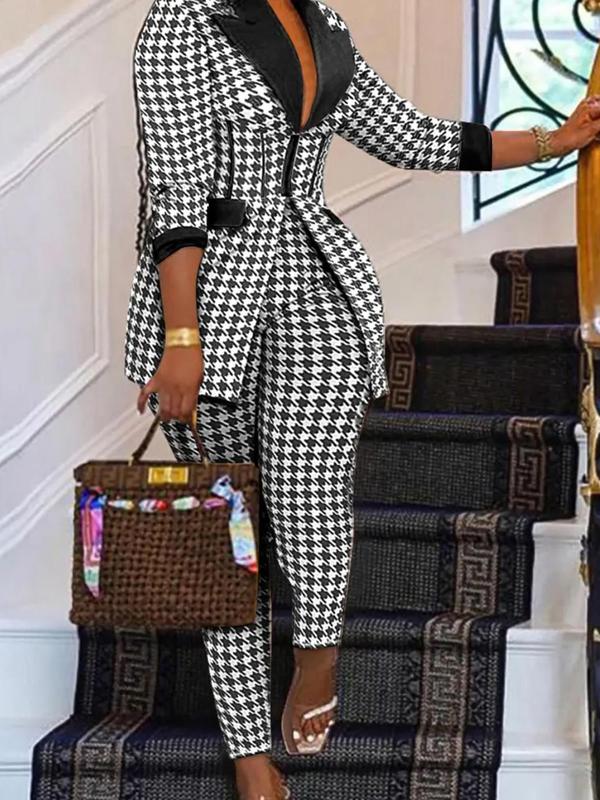 Women's Houndstooth Print Lapel Neck Zipper Blazer & Pants Two-piece Set, Casual Long Sleeve Pocket Outerwear & Trousers for Work Office Business, Ladies Fall & Winter Clothes