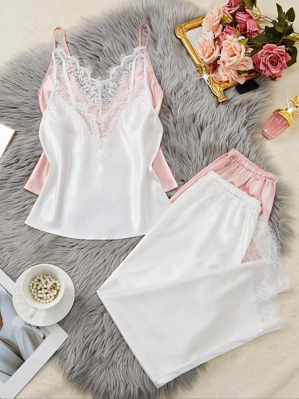 Women's Contrast Lace Cami Top & Elastic Waist Pants Satin Pyjama Set, Comfort Pj Set for Homewear, Ladies Sleepwear for   All Seasons