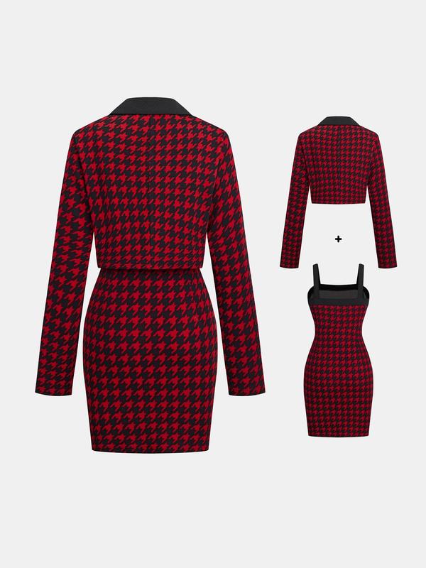 YOZY Christmas Deals, Houndstooth Print Lapel Neck Crop Blazer & Sleeveless Bodycon Dress Set  Fashion Long Sleeve Outerwear & Fake Pocket Dress, Christmas 2024 Trend, Fall & Winter Outfits