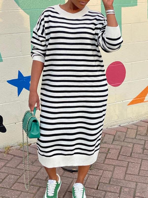  Striped Print Drop Shoulder Dress, Casual Long Sleeve Round Neck Dress for Spring & Fall, Women's Plus Size Clothing for Daily Wear