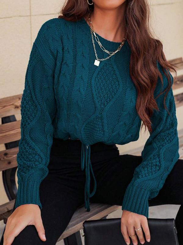 Women's Plain Drawstring Drop Shoulder Cable Knit Crop Sweater, Casual Long Sleeve Round Neck Jumper for Fall & Winter, Sweaters for Women, Fashion Ladies' Knitwear for Daily Wear