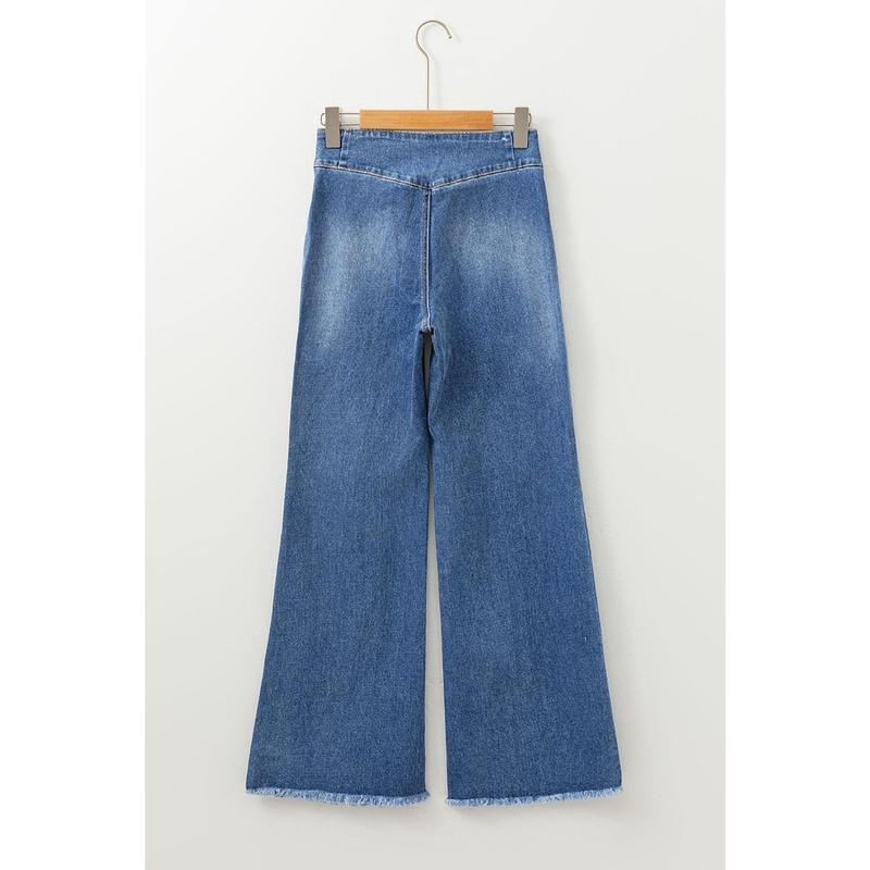 Sail Blue High Waist Button Fly Seamed Raw Hem Flare Jeans