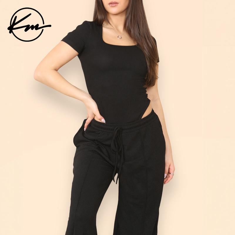 Women's Trendy Square Neck Shaping Bodysuit & High Waist Wide Leg Pockets Trousers Co-ord,Short Sleeve Shapewear,Two-Piece Outfit for Womenswear